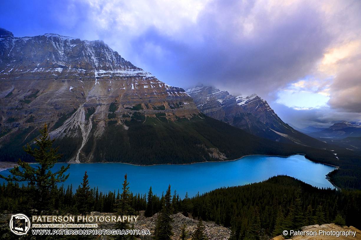 Peyto Lake in Banff National Park with turquoise water, snow-covered mountains and autumn clouds